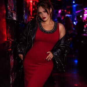 Le Bos Y2K Midi Dress Sz 16W Studded Festival Indie Sleaze Burgundy Mob Wife